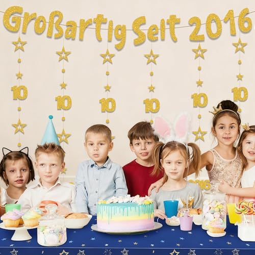 10. Geburtstag Deko Junge Mädchen - 7 Stück Gold Großartig Seit 2016 Girlanden mit Zahlen 10 und Jahreszahl, Glitzer Banner und Hängedeko für Kinder Geburtstag Feier