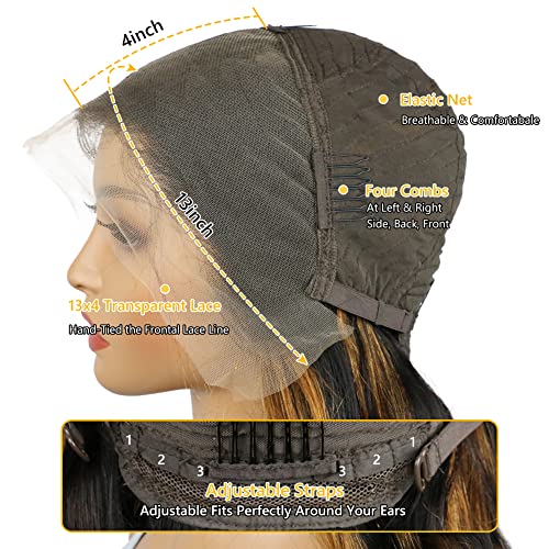 Highlight Ombre Lace Front Wig Human Hair Highlight 1B/30 Black Brown 13X4 Glueless Transparent Lace Frontal Wigs Pre Plucked With Baby Hair Body Wave Ombre Honey Blonde Human Hair Wigs For Black Women 180% Density(26Inch Highlight Wig) #TOP5