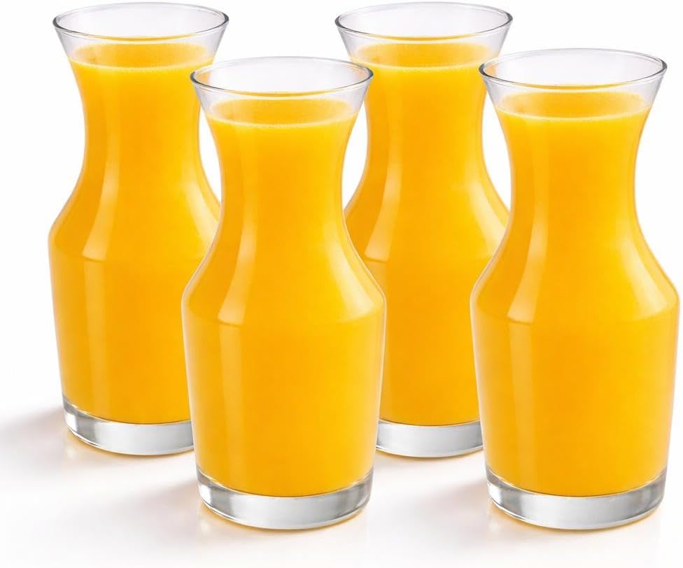 Mimosa Bar Supplies Carafe Glasses – 8.5 Oz Pack of 4 Measuring Small Carafes – Perfect Champagne & Juice Ratio – Clear Glass Mini Pitchers for Brunch, Showers & Events – Mini Carafes for Mimosa Bar