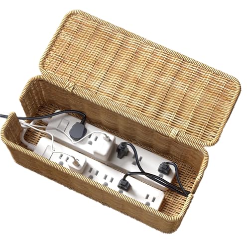 Caja de gestión de cables, caja organizadora, cesta de estación de carga, almacenamiento oculto de alambre de ratán tejido a mano con tapa, buena ventilación y alta seguridad, se utiliza para regletas