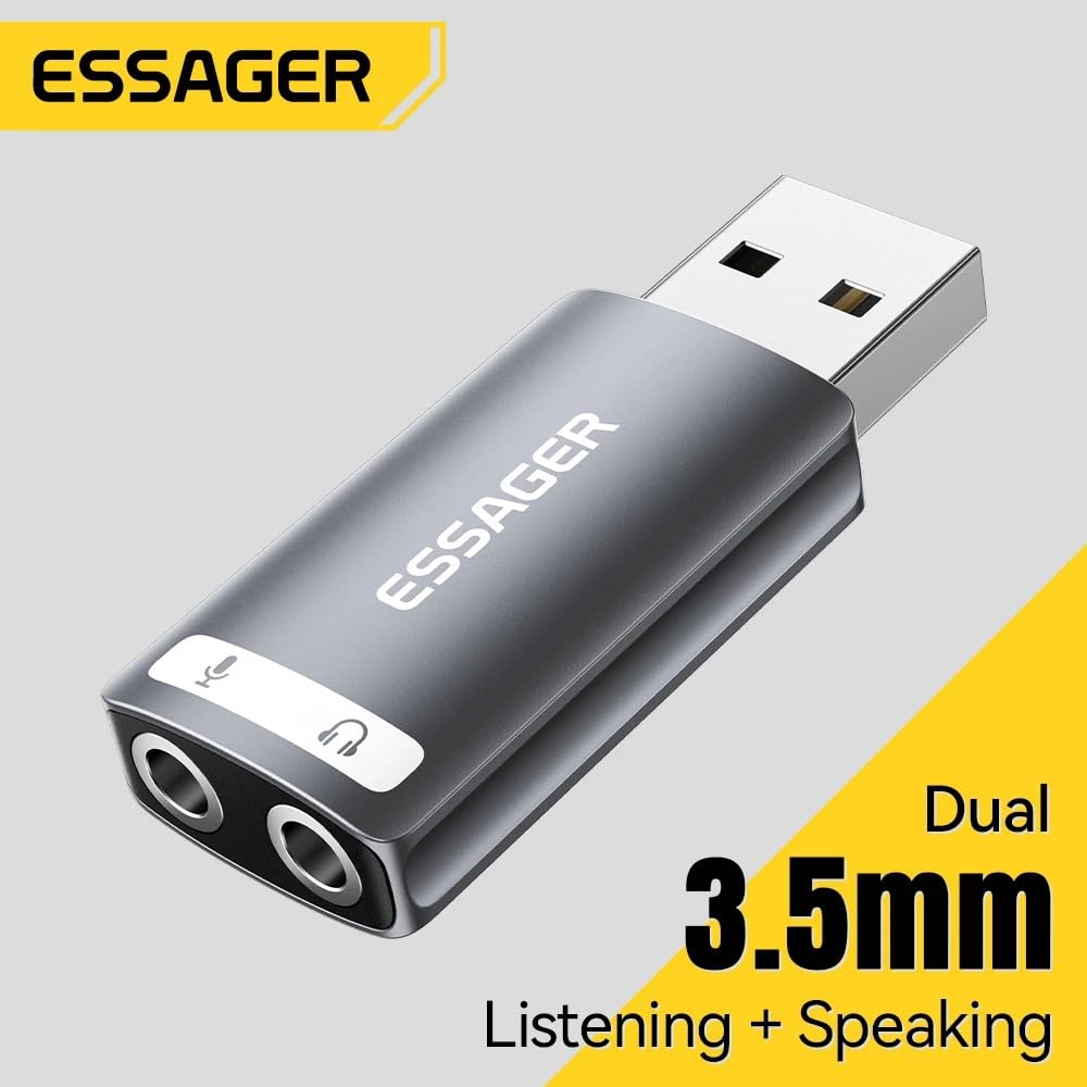 ESSAGER USB audio adapter with 'Dual 3.5mm Listening + Speaking' text