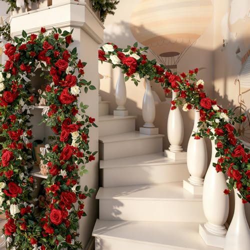 Suncalla 30 ft 6 Pack Large Red White Blue Flower Garland 4th of July Patriotic 250th Anniversary Rose Silk Flower Garland Wreath Independence Day Indoor Outdoor American Flag Ribbon Decor(Valentines) by Suncalla - Image 6