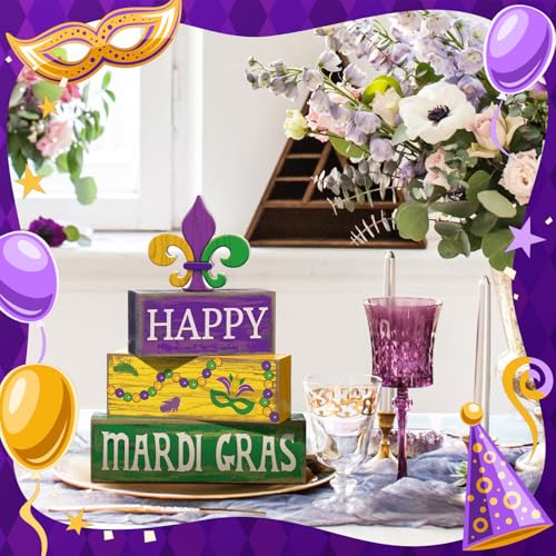 Image of Moucuny 4 Pcs Mardi Gras Decorations Mardi Gras Wooden Sign Carnival Table Centerpiece Carnival Tiered Tray Decor Decorative Faux Book Stack Block for Masquerade Party Fireplace Mantel Shelf