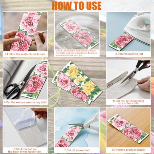 Image of FREEBLOSS 6 Set Cross Stitch Bookmarks Kit Large Flowers Stamped Cross Stitch Kit DIY Embroidery Bookmark Set with Instruction for Adults Beginners Gift for Reading Enthusiasts 8 * 2.4inch 11CT