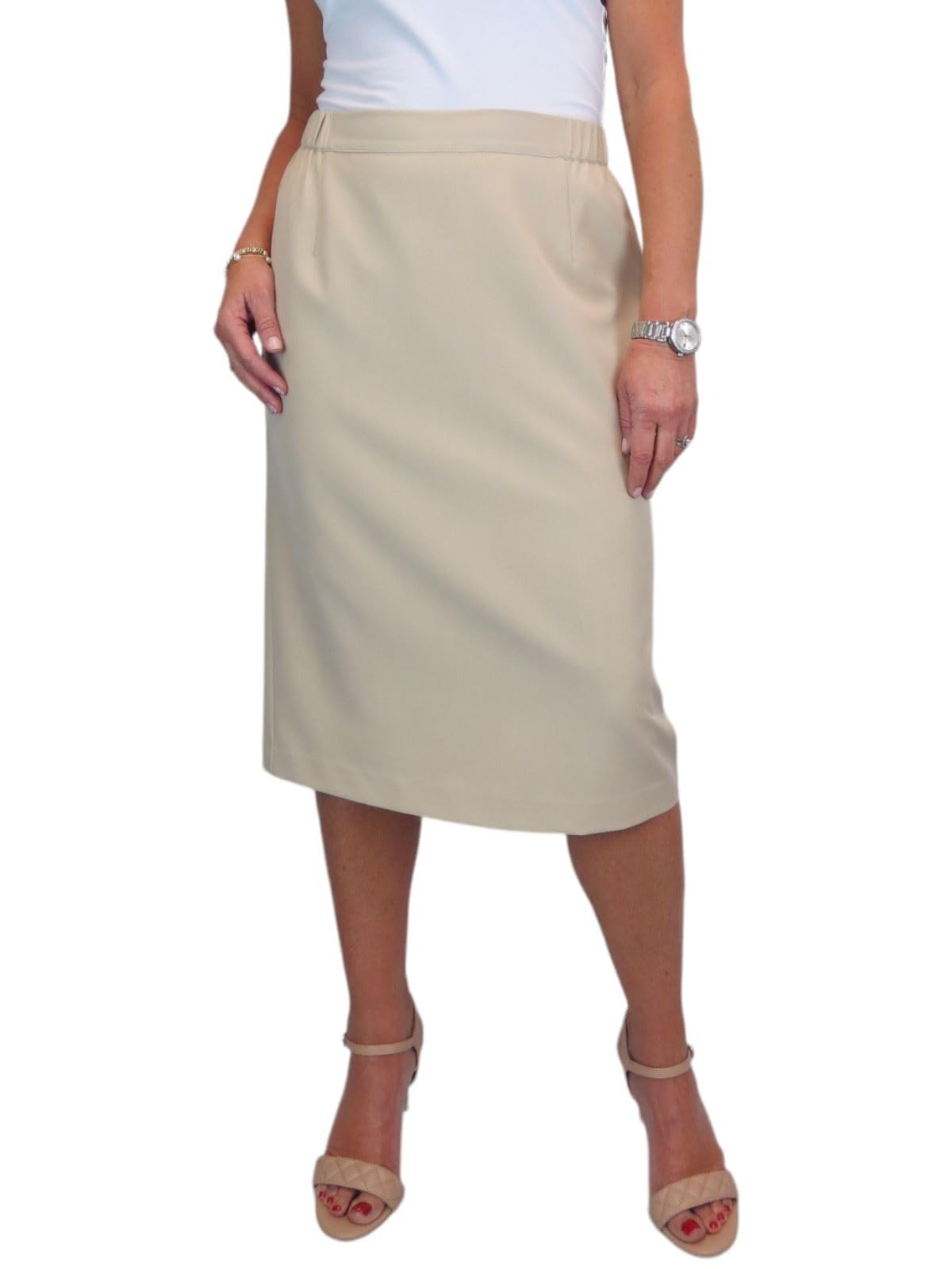 Paulo Due Women's Beige Lined Pencil Skirt For Smart Below Knee Elasticated Waist Skirt Office Evening 10-24 (24)