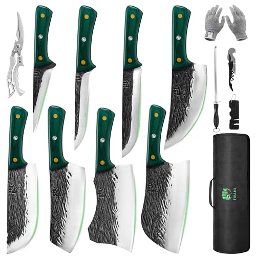 FULLHI Butcher Knife Set with Kitchen Shears, Hand Forged Chef Boning Knife With Scissors High Carbon Steel For Kitchen, Camping, BBQ