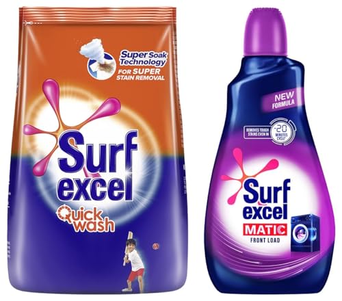 Image of Surf Excel Matic Liquid Front Load Detergent 1 Liter Bottle & Quick Wash Detergent Powder 1 Kg, Washing Powder With Lemon & Bleach To Remove Tough Stains On Clothes - Bucket & Machine Wash