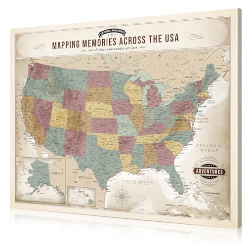 Image of DECORARTS - Vintage Soft Pastel USA Map Canvas Wall Art, United States Maps for Wall, Hand-Stretched Giclee Print, Living Room Bedroom Office Home Decor, Ready to Hang, Handcrafted in USA, 20x16''