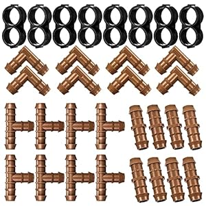 Irrigation Fittings Kit for 1/2 Inch Tubing Include 8 Tees, 8 Couplings, 8 Elbows and 8 End Cap Plugs Drip Irrigation Barbed Connectors, Drip Line Connectors Set