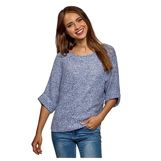 oodji Ultra Mujer Jersey de Melange de Manga Murciélago, Azul, ES 44 / XL