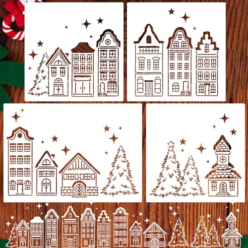 Christmas Stencils for Window Glass Large Christmas Stencil Reusable Xmas Village Tree House Holiday Drawing Templates for Painting on Wall Canvas Paper Doormat