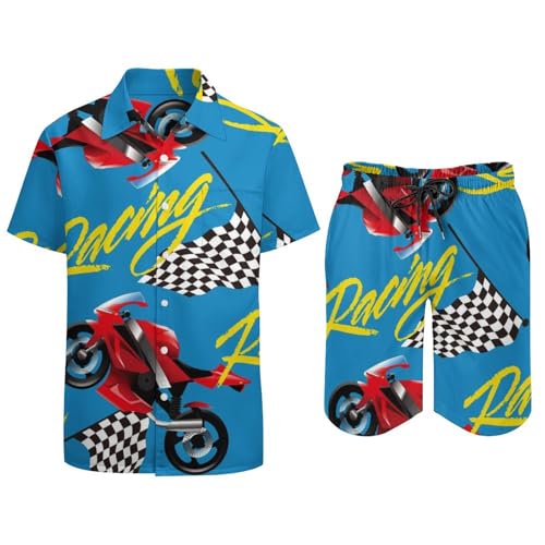 Motif course de moto sur ensemble 2 pièces homme short chemise été légère - 4