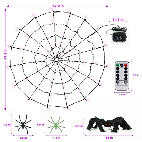 Sinotron Halloween Lights, Orange Purple Halloween Spider Web Lights Decoration 4 Ft Diameter+80 Led+1 Big Black Spider+10 Small Spiders+8 Lighting Modes, Outdoor Indoor Battery Operated Halloween Lights thumb #2