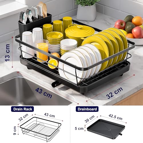 Image of HOMIFLY Utensils Drying Rack /Dish Drying Rack with Drainer Tray /Anti Rust, Smart Drainage System Drainboard with Detachable Cutlery Holder /Kitchen Vessels Organizer & Water Utensils Basket (Black)