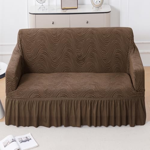 Image of HOKIPO 240 GSM Premium Jacquard Fully Covered Stretchable Frill Sofa Cover for 2 Seater, 'Serene Wave Series' Pecan Brown (AR-6353-BR)
