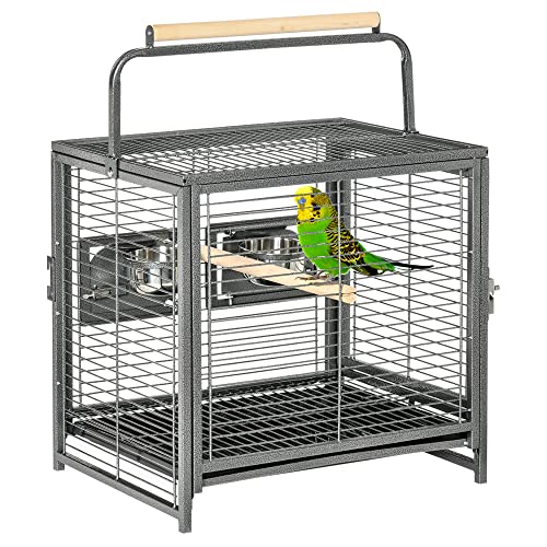 PawHut Jaula para Pájaros Portátil Jaula para Loros con 2 Perchas de Madera 2 Comederos de Acero Inoxidable y Bandeja Extraíble para Periquitos Canarios 48x38x47,8 cm Negro