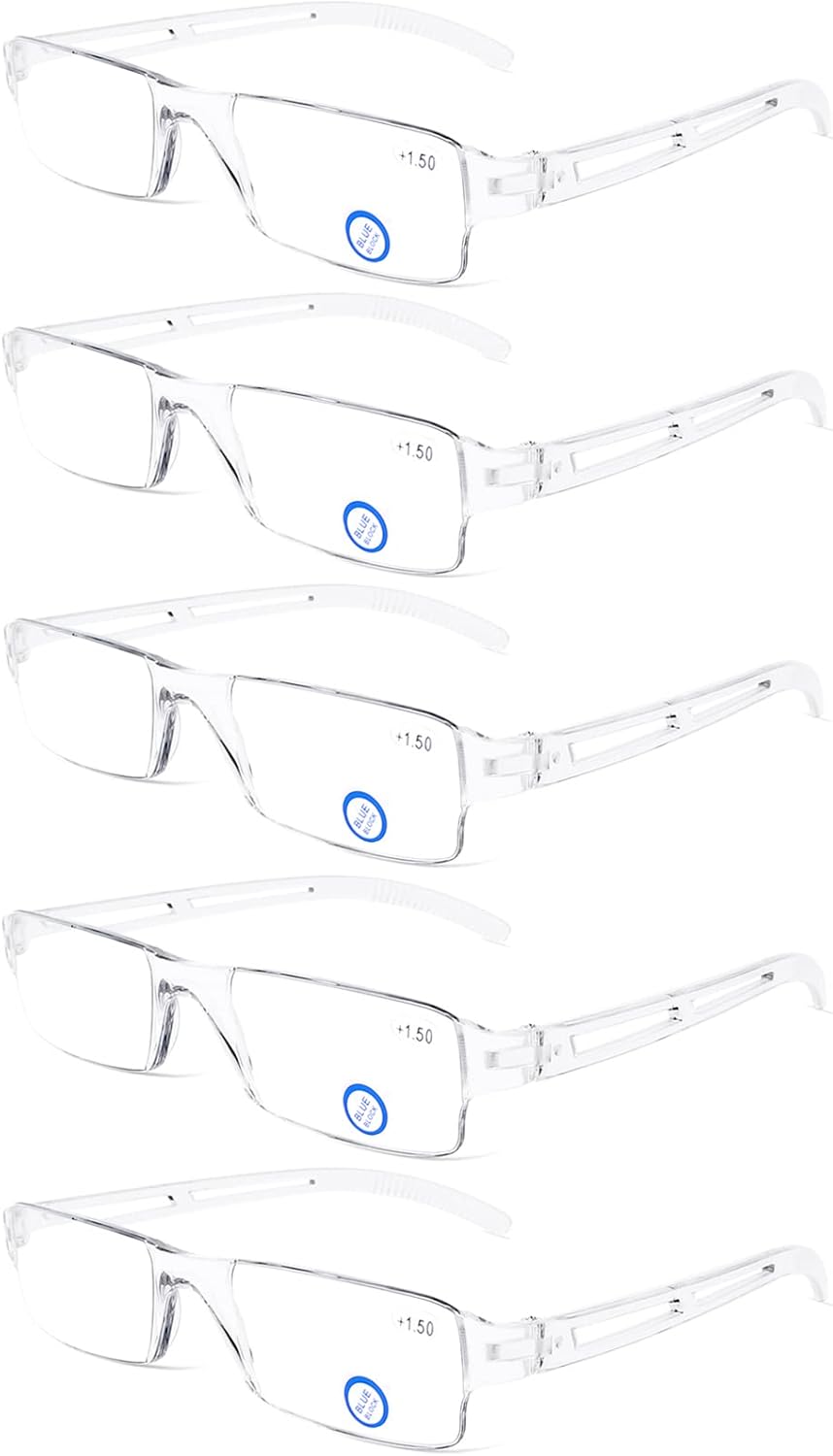 DOOViC 5 Pack One-Piece Design Reading Glasses Lightweight Comfortable Blue Light Blocking Computer Readers Anti Eyestrain 5 Clear 2.0 x