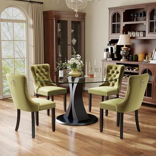 Image of 5-Piece Dining Table Set with 47In Tempered Glass Table and 4 Velvet Upholstered Chairs, Modern Scandinavian Furniture for Dining Room Kitchen(Olive Green)