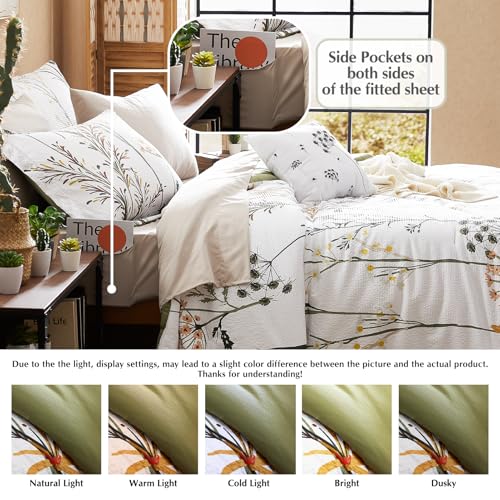 CASAAGUSTO King Comforter Set 7 PCS White & Green Dandelion Plant Comforter Set with Flowers Leaves Pattern Soft Seersucker Design All Season Bedding Set(102"X90")