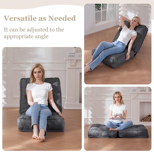YOSHOOT Oversized Floor Chair with Back Support, Gaming Floor Seating, Adjustable Floor Sofa, Meditation Chair with Tufted Cushion, for Reading Meditating Sleeping, Dark Grey - Thumbnail 6
