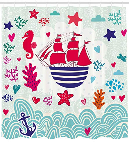 ABAKUHAUS Ocean Shower Curtain, Maritime Theme a Sailing Ship Anchor Seahorse and Sea Star Illustration Art - Image 2