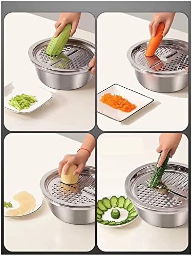 PREMIFY 3 in 1 Stainless Steel Basin with Vegetable Chopper and Cheese Grater, Multifunctional Set Food Bowl/Colander/Vegetable Grater Mixing Bowl & Drainer, Rice Sieve Strainer