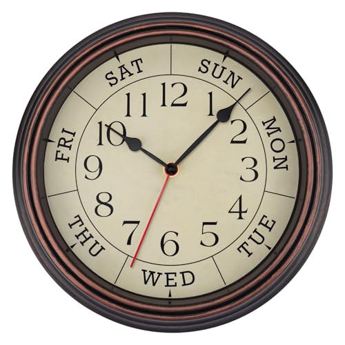 Foxtop Day of The Week Wall Clock for Seniors 14 Inch Classic Silent Day Wall Clock for Office Home Ideal Retirement Gift for Men & Women (Bronze)