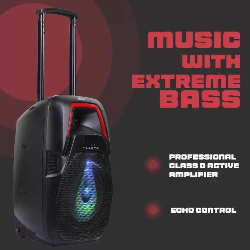 Side view of the Zoook Hurricane 100 W Bluetooth Party Speaker, emphasizing its capability for extreme bass, professional Class D active amplifier, and echo control.