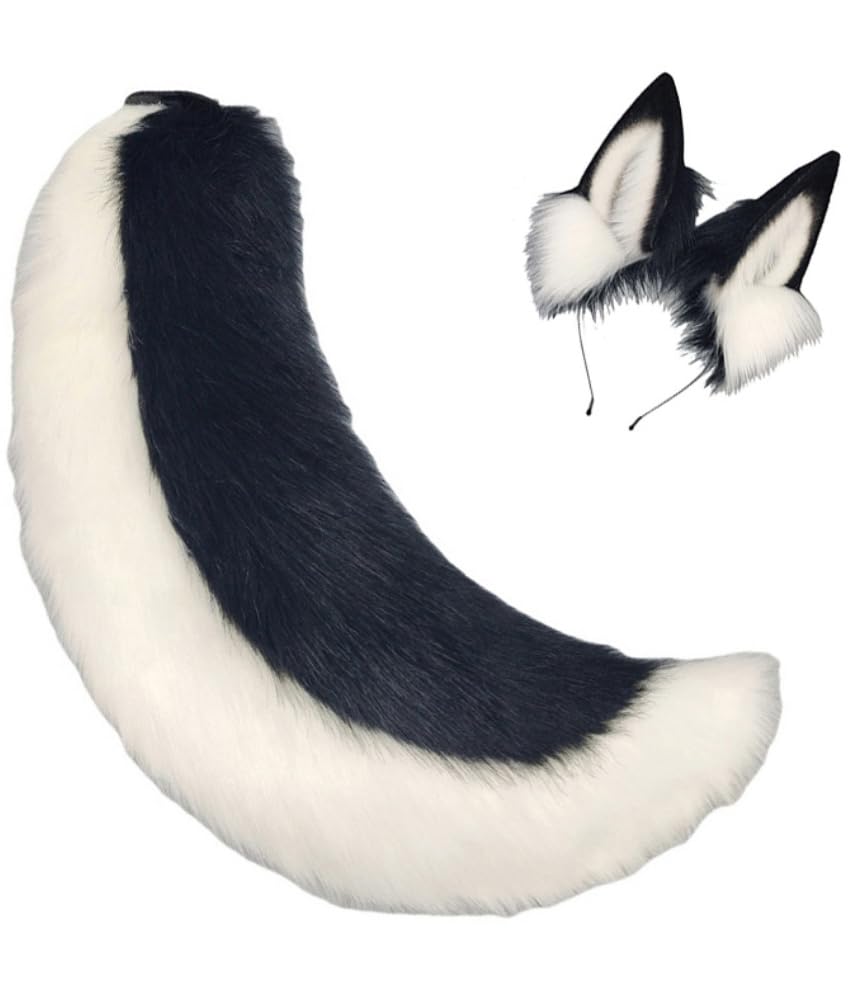 TTYAO REII Faux Fur Wolf Dog Ears and Tail Set Halloween Animal Costume Accessories Plush Fursuit Props for Cosplay Party, Black White, One size