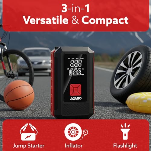 AGARO Regal Tyre inflator & Jump Starter, for Cars & Bikes, 14.8V, Upto 150 PSI, 10000 mAH Powerful Battery, LED Light, Digital Display, Multiple Nozzles view 2