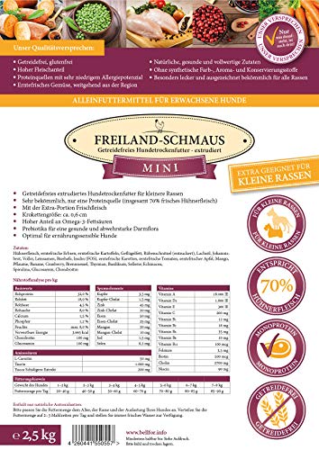 Bellfor Freiland-Schmaus Mini Getreidefreies Trockenfutter mit Huhn für kleine Hunderassen 2,5 kg - Ideal für kleine Hunde bis zu 9 kg mit schnellem Stoffwechsel