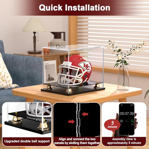 Image of Mini Football Helmet Display Case Self-Assembly Dustproof Acrylic Display Case for Mini Football Helmet Baseball Motorcycle Helmet with Metal Bell Base (8.3x6.3x7.1 inch)