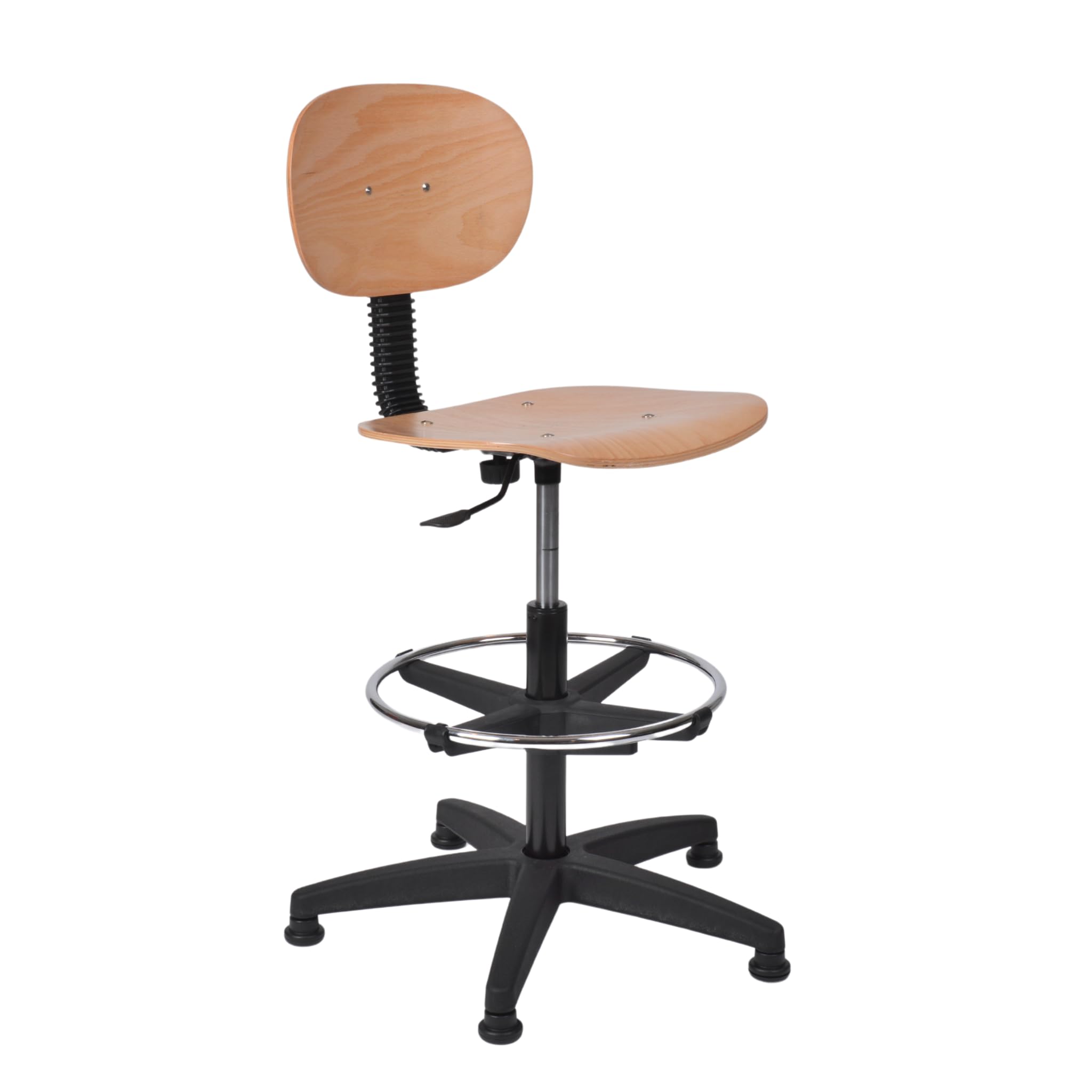 Topsit Sedia da lavoro IND114 in legno di faggio laccato chiaro, sedia da laboratorio, regolazione continua dell'altezza del sedile con Toplift, anello per piedi cromato, croce in plastica con piedini
