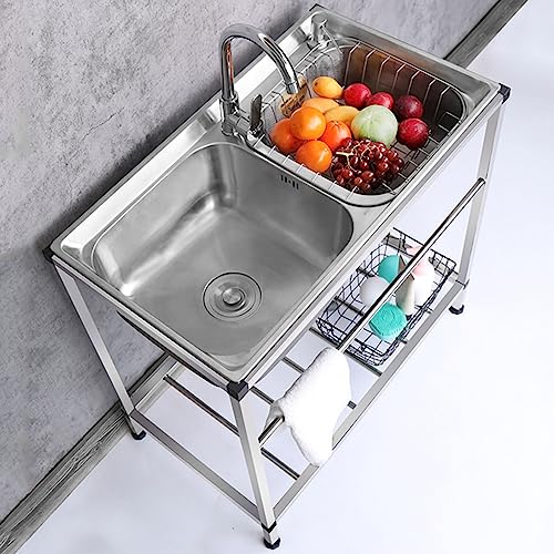 実用水槽キャンプ水槽304ステンレス水槽キャンプ水槽大型ダブルボウル商用キッチン実用水槽冷熱蛇口付きガレージガーデンランドリー