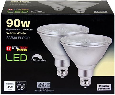 Utilitech 596933 2-Pack 16-Watt (90W Equivalent) PAR38 Medium Base Warm White Dimmable Outdoor LED Flood Light Bulbs