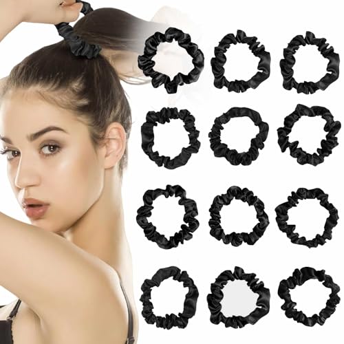 BELEVO Silk - Elastici per capelli Scrunchie in seta, 12 pezzi, elastici per capelli, in raso, per donne, ragazze, coda di cavallo, per capelli e capelli, colore nero