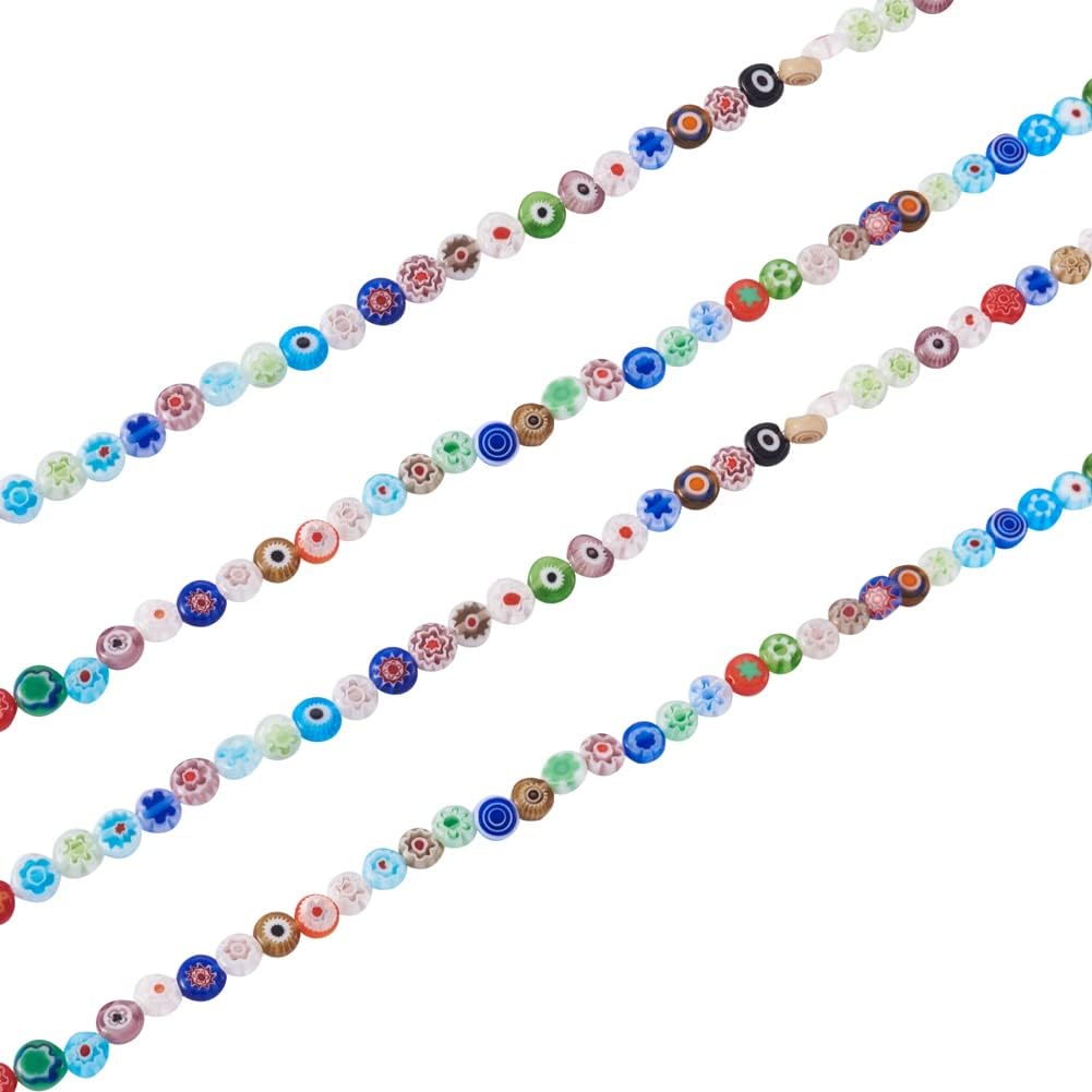 KISSITTY 10 Strands Handmade Millefiori Lampwork Glass Flat Round Spacer Beads Mixed Styles 6x3mm 15.9" for DIY Craft Jewelry Making (About 66pcs/Strand)