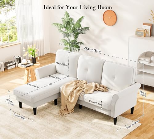 Image of Small Sectional Couch, 83 inch L Shaped Couch, Comfy Velvet Couches for Living Room, Tool-Free Setup Modular Sectional Sofa, 850lbs Load Sofas for Living Room with 1 Movable Ottoman, White Couch