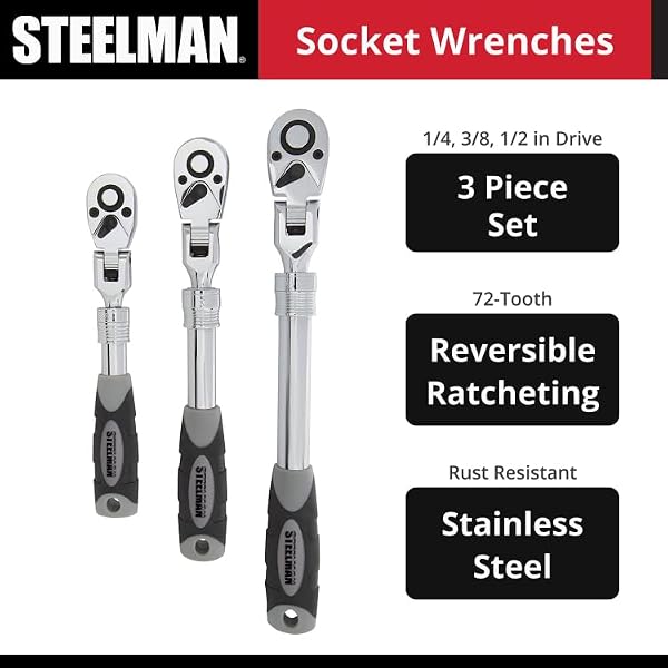 Steelman Pro 72-Tooth Extendable Flex-Head Ratchet Tool Set, 3-Piece (1/4, 3/8, and 1/2-Inch Drives), Chrome-Vanadium Steel, 180-degree Flex-Head, Ideal for Auto Mechanics/Confined Spaces by Steelman Pro - Used condition - Image 2