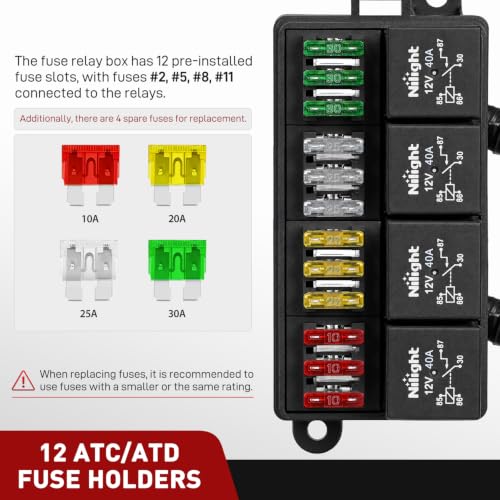 Image of Nilight 12V Fuse Relay Box 4 Relays 4pin 40A 12 Fuses Pre-Wired Block Kit