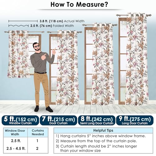 Image of Story@Home Sheer Curtains 8 Feet Long Set of 2 | Floral Printed | Semi Transparent Net Curtain | Semi Long Door Curtain for Living Room | (118 X 242 Cm, Cream & Pink) | Perfect for Home Decor