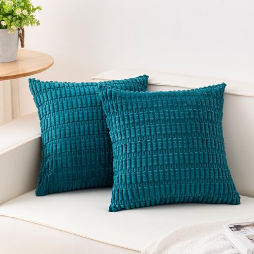 Image of Pack of 2 Corduroy Decorative Throw Pillow Covers 18x18 Inch, Turquoise | Fall Soft Striped Pillow Covers Modern Farmhouse Home Decor Christmas Throw Pillow Covers for Sofa Living Room Couch Bed