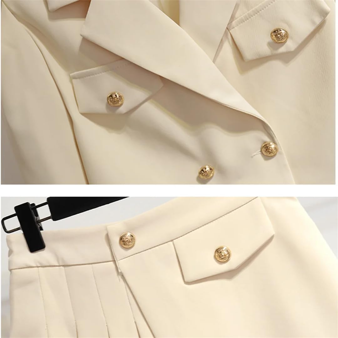 Women's Notched Metal Buttons Blazer Short Jacket Coat + Mini Pleated Skirt Two Pieces Outfits