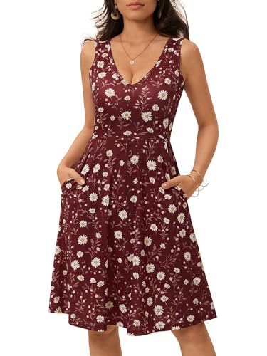 Image of HUHOT Womens Sleeveless V Neck Dress with Pocket Summer Beach Midi Flared Tank Dress