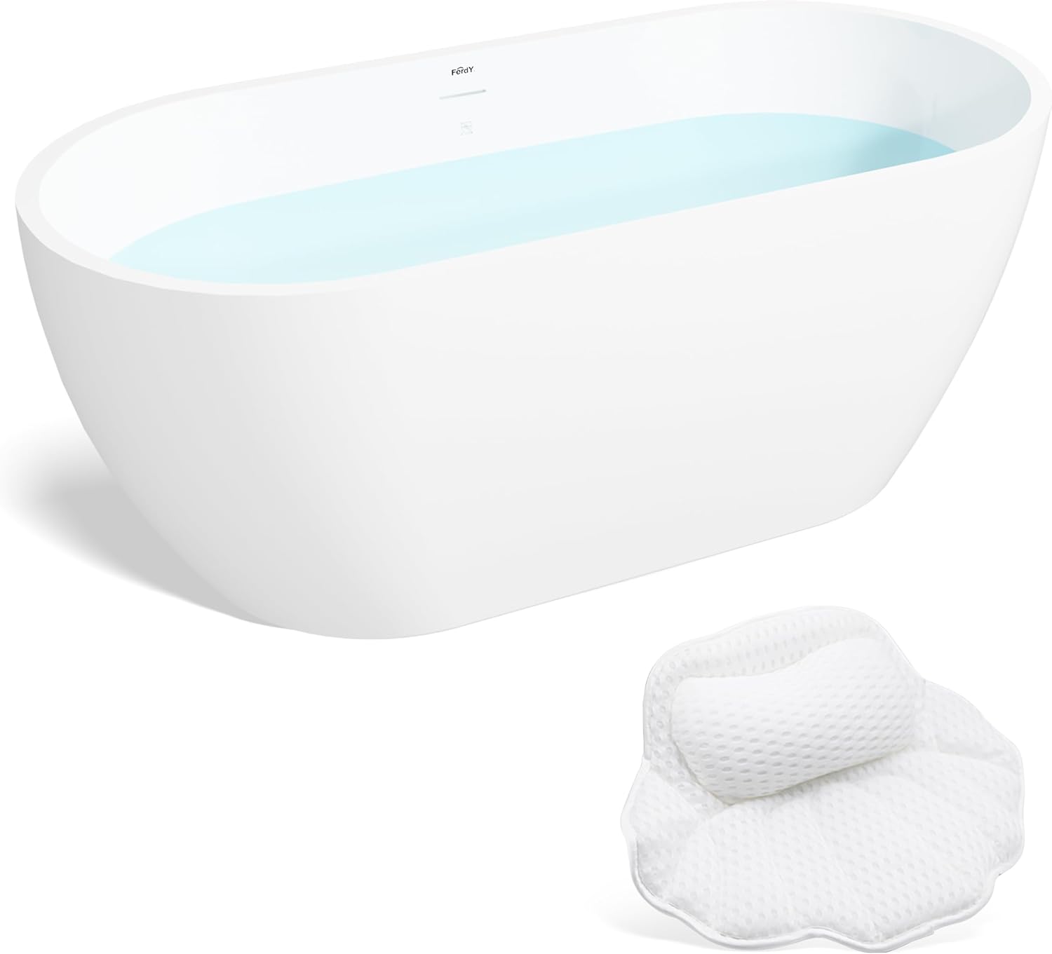 FerdY Nauru 59" Acrylic Freestanding Bathtub, Gracefully Shaped Freestanding Soaking Bathtub with Brushed Nickel Drain & Bath Pillow for Bathtub,Thick Tub Pillows, Ergonomic Support