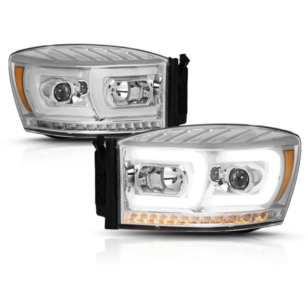 Meneonrs Headlight Halogen, LED Bar Projector Front Driver Passenger Side ABS Plastic Housing Polycarbonate Lens Clear Lens Chrome Housing Amber Reflector; Projector Dual C_Bar+ Signal