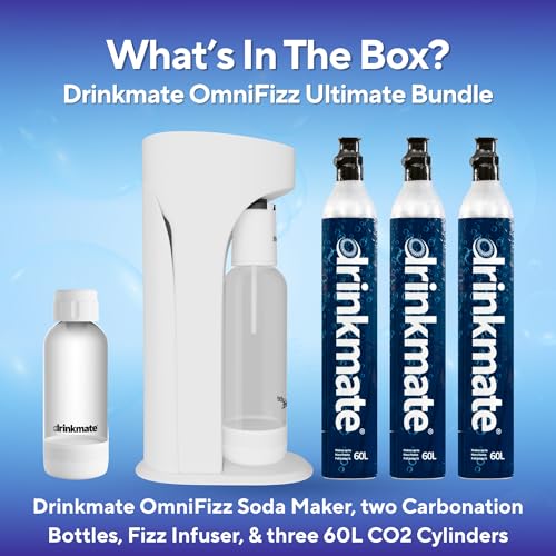 Image of Drinkmate OmniFizz Sparkling Water Maker & Soda Streaming Machine | Carbonates Any Drink | ULTIMATE BUNDLE | Includes Three 60L CO2 Cartridges + Two BPA-Free Bottles (Classic White)
