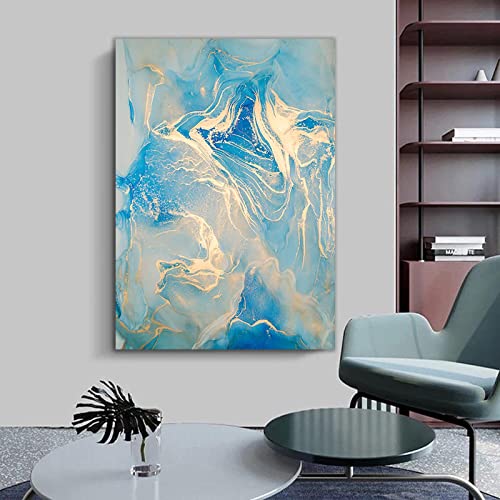 Art pour salon abstrait bleu et or grand format sans cadre