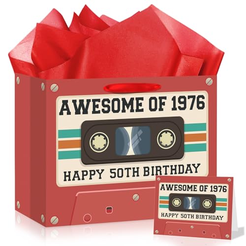 50th Birthday Gift Bag for Men and Women Retro 1976 Birthday Party Favor Bags with Wrapping Paper Card Vintage Cassette Tape 50 Years Old Gift Bag Decorations for Mom Dad Friends Colleagues Gifts