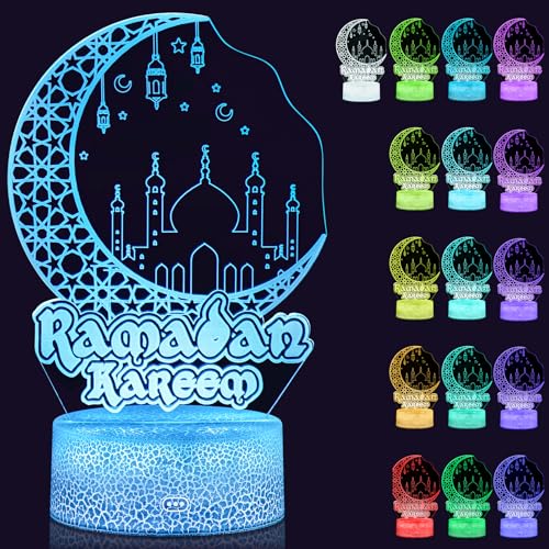 Dreamtop Ramadan Eid Night Light,Mubarak Eid Ramadan Decorations Moon 3D Ramadan Lamp with 16 Color Flashing,Eid Ramadan Decorations for Home Table Lights